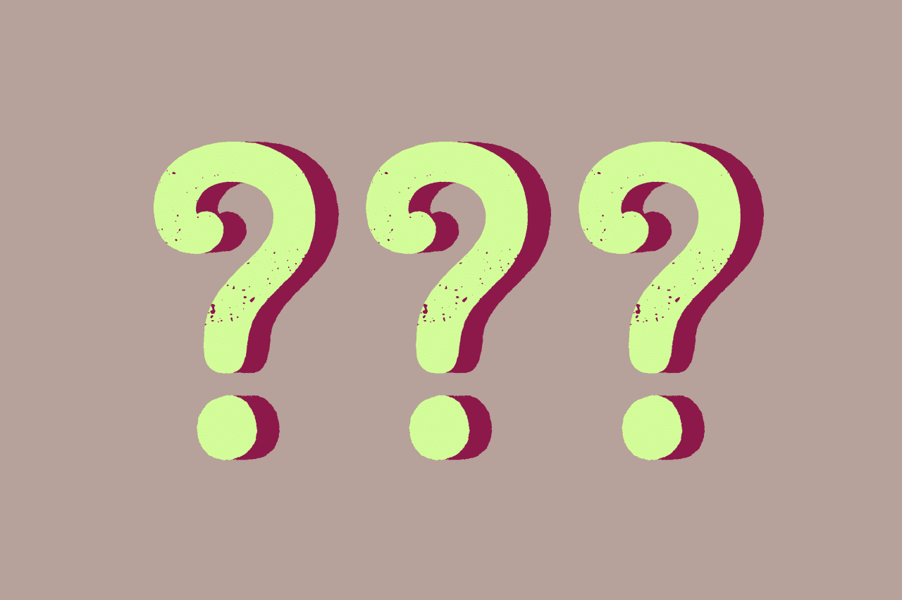 Three lime green question marks with a purple shadow on a gray background