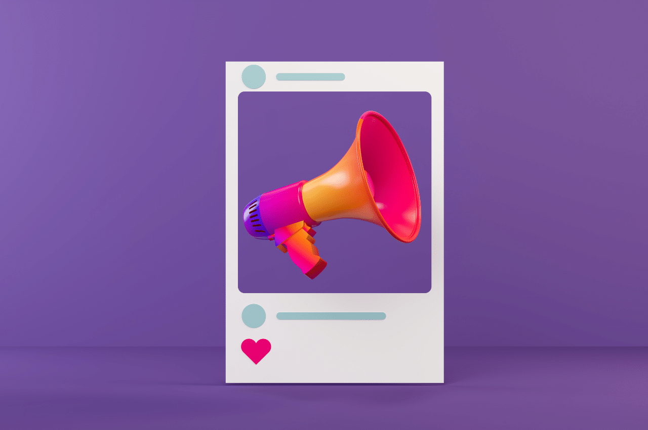 Purple background with what mimics an Instragram feed