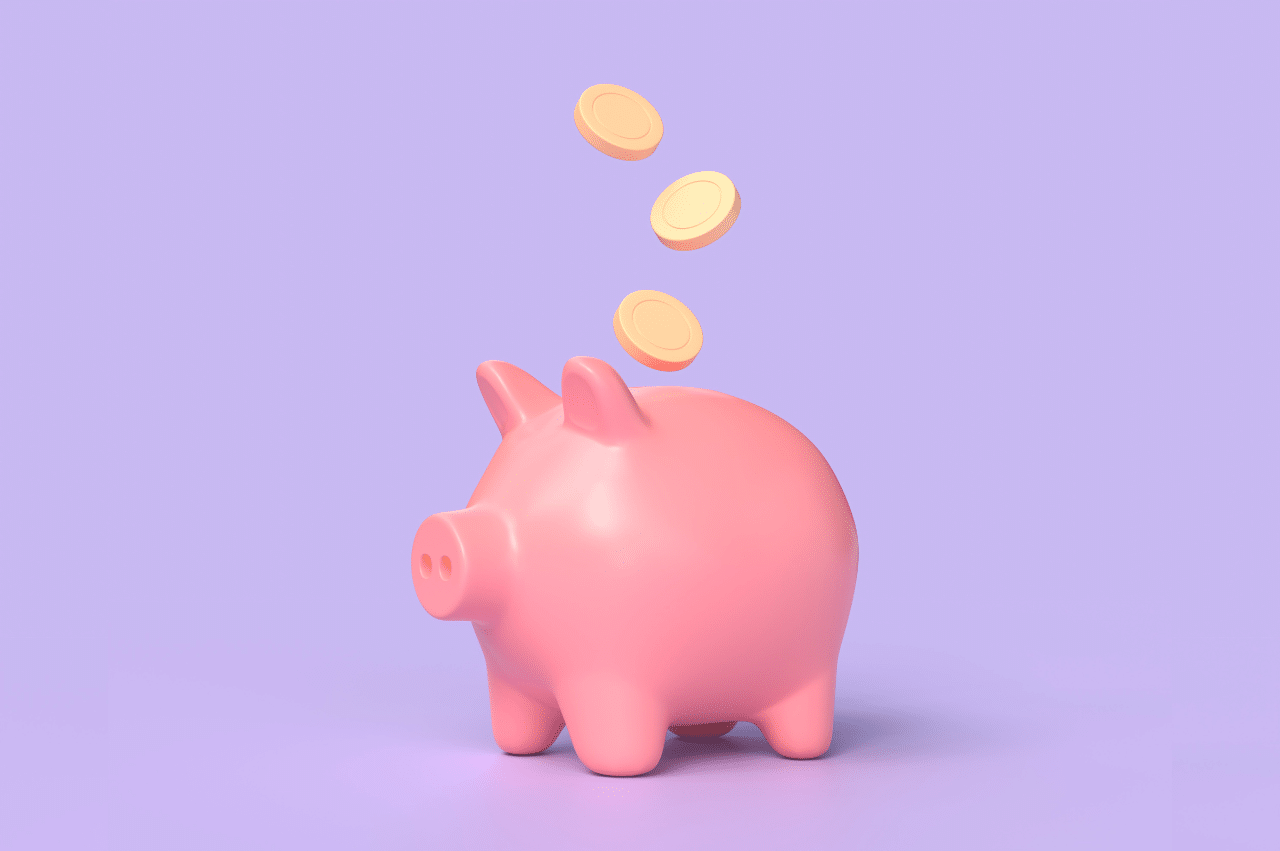 Render of a piggy bank with 3 gold coins hovering over it on a purple background