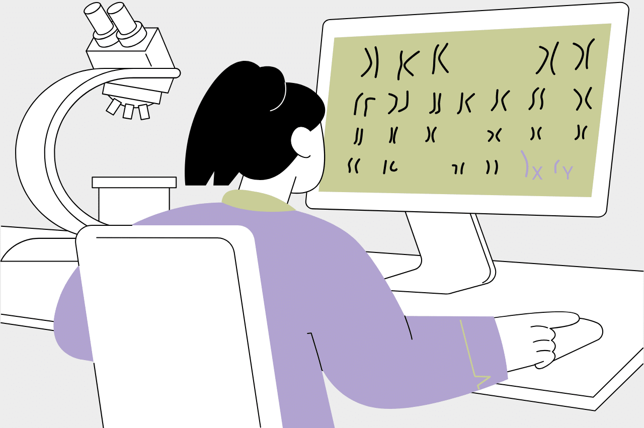 Graphic of a woman looking at karyotypes on a screen