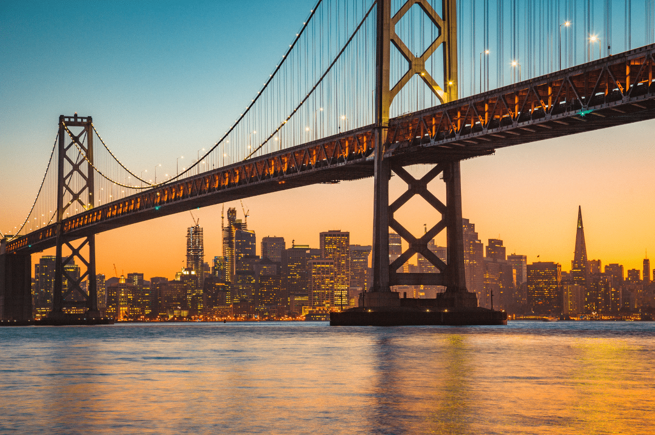 Panoramic view of San Francisco skyline with Oakland Bay Bridge at evening light