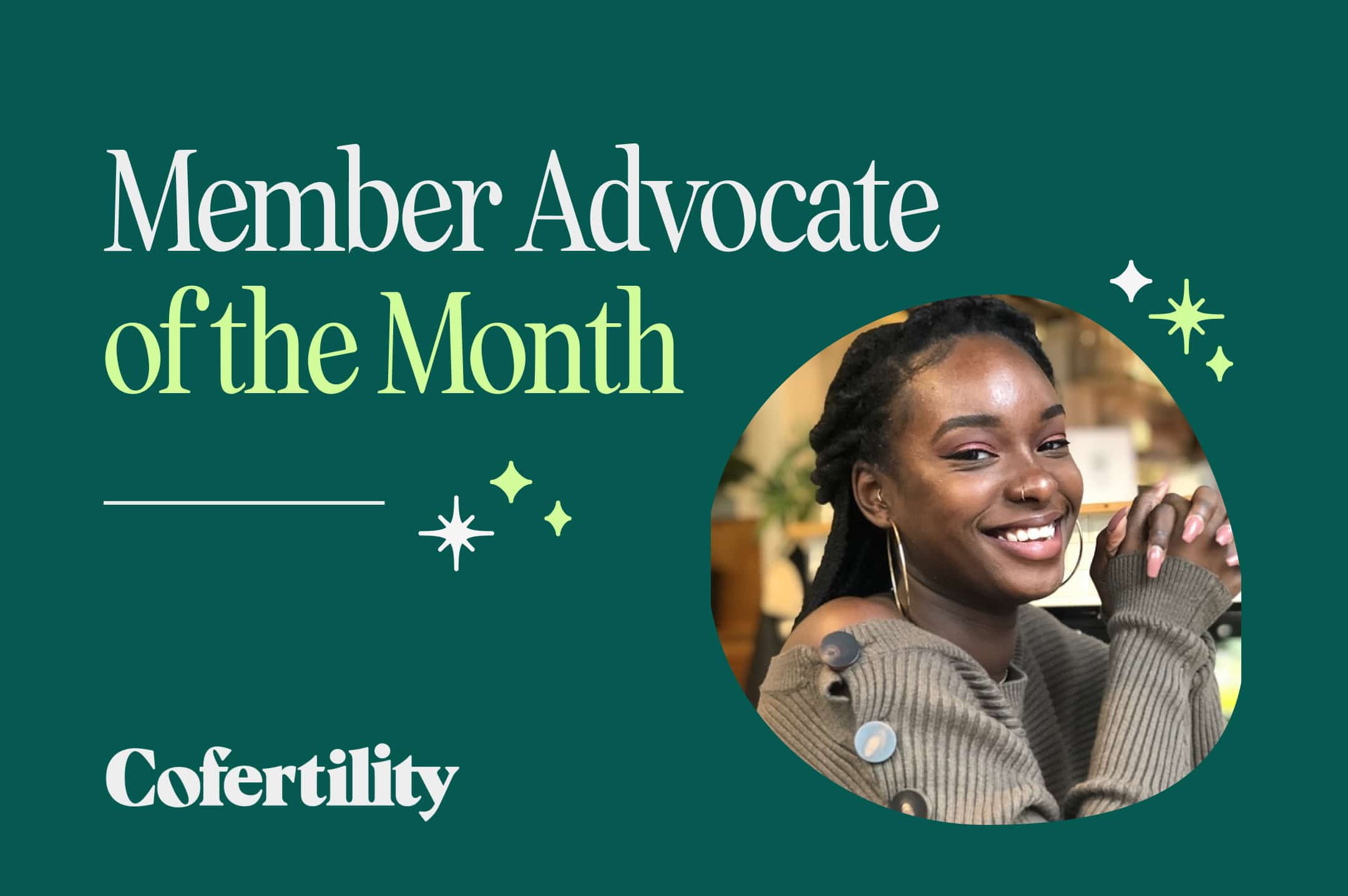 Graphic saying "Member advocate of the month" with a photo of Coco Searcy and the Cofertility logo
